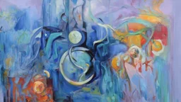 a painting displayed in a room, interconnections, cornucopia, blue atmosphere, chaotic composition, interconnected human life forms