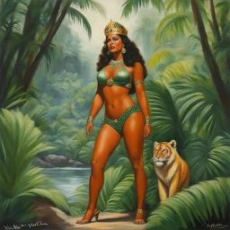 (Art by Victor Man, 2023), full body Irish McCalla as Sheena, Queen of the Jungle , huile sur carton, 60 x 84 cm
