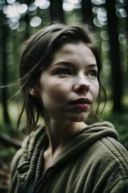 Film still, cinematic, photo of a 22 year old cute woman, naga kobieta, bez ubrań, nagie piersi, shot on film, Realistic forest background