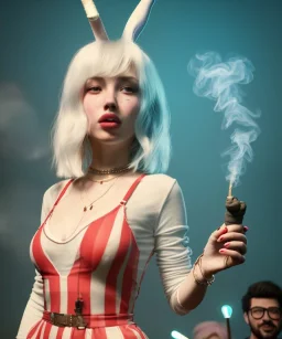 Ultra realistic photographic party portrait, sound club, wide-angle lens, couple, cinematic, happy blonde woman smoking a shisha pipe, accompanied by big white rabbit friend, hot, circus dress style, marihuana plants, color smoke, soft color, highly detailed, unreal engine 5, ray tracing, RTX, lumen lighting, ultra detail, volumetric lighting, high definition.