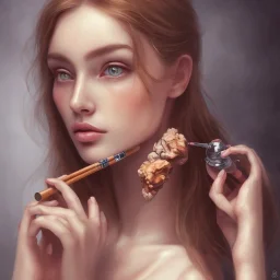 A beautiful girl smoking a pipe, a pipe made of beautiful walnut wood, high-resolution body parts and anatomy, painting with full HD quality, 4K, 8K, 16K, Mahshar's artwork