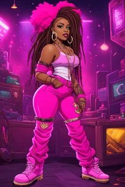 Create a pop punk cartoon of a curvy African American female wearing a hot pink jean outfit with timberland boots. Prominent make up with hazel eyes. She is wearing large diamond hoop earrings. Extremely highly detailed very long dread locs hair that shines. Background of a night club.