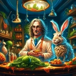 portrait of crazy scientist irradiating food inside grove with huge fluffy hare in the style of Escher, 4 k, down-light, soft light, depth of field, photo realism, trending on art station, high detail, spray paint