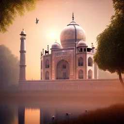 The Taj Mahal, Hindistan, sunset, fantasy art, flying birds, springs, landscaper, beautiful