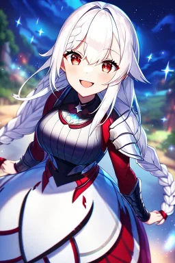 girl, masterpiece, best quality, cinematic lighting, detailed outfit, vibrant colors, perfect eyes, white hair, red eyes, long hair, braided ponytail, armored dress, sparkle, depth of field, outdoors, god rays, glowing light, ray tracing, laughing, looking up,