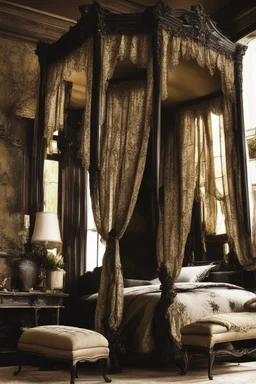 Beautiful ornate four post canopy bed in a dark colored bedroom, victorian, black and gold