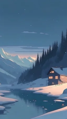 verschneite Schweizer Alpenlandschaft im stile von studio gibli, anime, während der Dämmerung, weinachtliche Simmung
