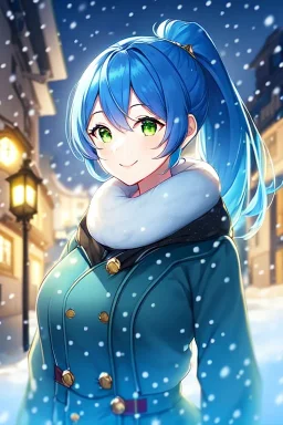 girl, masterpiece, best quality, cinematic lighting, detailed outfit, vibrant colors, perfect eyes, blue hair, green eyes, ponytail, snowing, winter clothes, looking up, smiling, town,