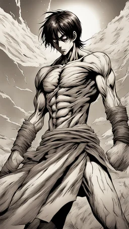 In the heart of the battlefield, Eren Yeager undergoes a profound transformation into his Titan form. The scene is bathed in an otherworldly, powerful light that highlights every intricate detail of his changing anatomy. The transformation is not only physical but also emotional, as Eren grapples with the brutal power surging through him. Describe this awe-inspiring moment with vivid detail, capturing the intensity of the metamorphosis, the emotional turmoil within Eren, and the sheer raw power