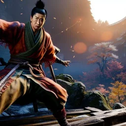 Ultra detailed fullbody Portrait in oil on canvas of Sekiro: Shadows Die Twice,extremely detailed digital painting, extremely detailed face, crystal clear eyes, mystical colors ,perfectly centered image, perfect composition, rim light, beautiful lighting,masterpiece ,16k, stunning scene, raytracing, anatomically correct, in the style of Seung Eun Kim and Steve Jung and Simon Bisley and uncannyknack.