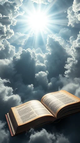 Sun light above swirling clouds, emerges from the heart of a raging storm. Turbulent winds of steam swirl around lit by shafts of sunlight that cast dramatic shadows on the A beautiful open book with Hebron words in the middle , High quality 16k cinematic scene and great photography