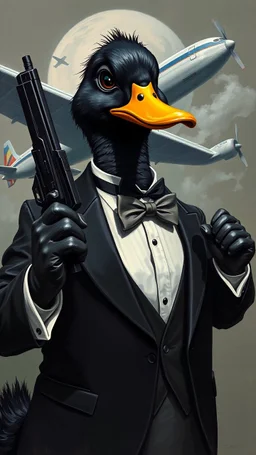 Bosh painting style nightmare, a black duck wearing a Tuxedo and holding a gun like 007 , an airplane in the background