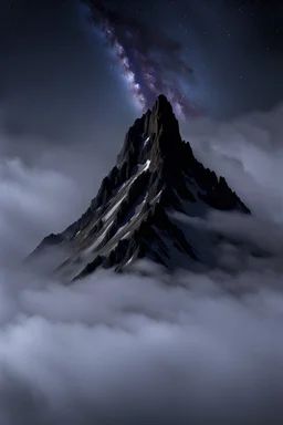 one single mountain sharp face rises out of the mist into the night sky.