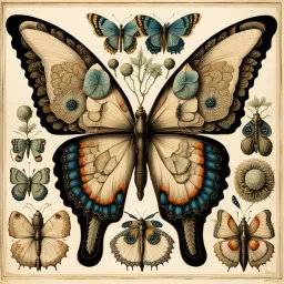 Ernst Haeckel inspired natural history atlas plate, newly discovered butterfly species, wings entirely formed from translucent skeletonized leaves with authentic botanical venation replacing butterfly wing membranes, perfectly symmetrical morphology, scientifically documented specimen, nineteenth century scientific engraving, ultra fine ink linework, delicate cross hatching, restrained watercolor on aged ivory paper--ar 4:5 --raw --v 7 --stylize 170 --profile unnntwo --profile o5l6gpf --profile