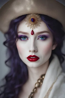 woman's white porcelain face marked with delicate cracks, she has blue eye's, red lips, purple hair