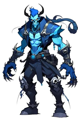 Sick looking villain that has a cool blue combo with pistols for hands with a diaper thats a demon with a GYATTTTTTT and has six arms and has lighting around him