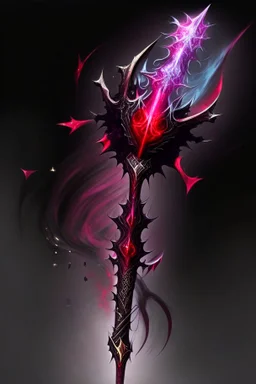 A sorceress evil staff that is a mix colors of red and black crystals and sharp edges, with black aura swirling around it