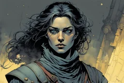 create a young female Grey Mouser, Ill met in lankhmar in the comic book art style of Mike Mignola, Bill Sienkiewicz and Jean Giraud Moebius, , highly detailed facial features, grainy, gritty textures, foreboding, dramatic otherworldly and ethereal lighting