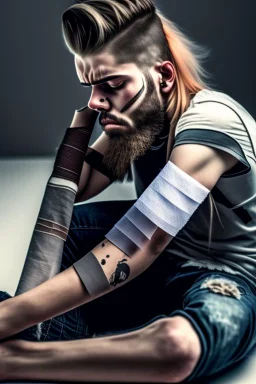 a very sad hurt swedish motorcycle young gang man with beard, he is covered all the body with bandage and are in deep pain, bandage all over him, cripple, lying on the floor, bandage and bandage, and more bandage
