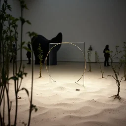 Fotografia di una scena surreale e concettuale, un'installazione in un museo. Piante. Al centro si vede un elemento trasparente, di latta, circoscritto da qualcosa. La superficie sottostante è sabbiosa, con piccole dune o accumuli di sabbia. Sullo sfondo si intravedono altre forme o strutture, alcune delle quali scure e senza aspetto, hasselblad h6d400c, buio, nitido, forte senso di ambiguità