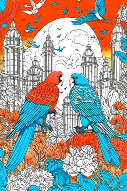 Craft a vibrant adult coloring page featuring two parrots in a captivating shade of bright orange. The scene unfolds in a lush garden adorned with butterflies, vibrant greenery, and an air of whimsical charm. Elevate the setting by adding a serene morning scene atop the Burj Khalifa, showcasing the iconic structure against the morning sky. Embrace a cartoon-style approach with bold lines and minimal detail to create an adorable attraction. Ensure the background portrays the allure of a morning g