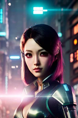 Futuristic anime cyborg, portrait from waist up, intricate eyeliner, vibrant eyeshadow, clear completion, soft lighting, 4k resolution, intricate details, insanely detailed, colorful cityscape background, masterpiece, expert, cinematic smooth, retroanime style, realistic details, no helmet