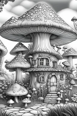 MANDELA STYLE .Mushroom houses Coloring Book for Adults and Kids, Instant Download, Grayscale Coloring Book