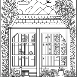 GARDEN HOUSE, "Whimsical Windows: Color delightful window views, full view, realistic, coloring page, only draw lines, coloring book, clean line art, wildlife-inspired, kid style, –no sketch, color, –ar 3:4, white background, minimalistic black lines, 8k, minimal black color, low level black colors, coloring page, use pure black and white colors, avoid thick black colors, thin black line art, avoid colors, perfect shape, perfect clear lines, clear edges,