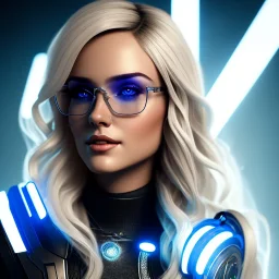 A beautiful portrait of a cute smiling cyberpunk woman, long blond haire, high key lighting, volumetric light high details with white stripes and feathers and blue celtic paterns and glasses