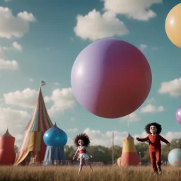 Ultra realistic circus scene. Sweet big hair monster flying. Child’s playing, strong man, smile, happy, color bubbles, smooth color, waist up view, Wes Anderson style, dark ambient, highly detailed, concept art, unreal engine 5, god rays, ray tracing, RTX, lumen lighting, ultra detail, volumetric lighting, 3d, finely drawn, high definition, high resolution.