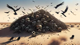 Pile of skulls accumulated in a desert terrain, crows flutter and perch around them and the wind raises dusty trails that drag dry plants