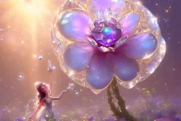 one big crystal subtle flower in a galactic ambiance, transparent petals, delicate colors, in the foreground, with a very little beautiful fairy, full of details, smooth, bright sunshine，soft light atmosphere, light effect，vaporwave colorful, concept art, smooth, extremely sharp detail, finely tuned detail, ultra high definition, 8 k, unreal engine 5, ultra sharp focus