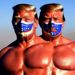 Realistic image of Donald trump wrestler, Mexican wrestling style, Mexican wrestling mask for eyes, red and blue breeches, glow confederate flag dress, suspenders, retro style, 80s, vibrant color, highly detailed, sky background, concept art, unreal engine 5, god rays, ray tracing, RTX, lumen lighting, ultra detail, volumetric lighting, 3d, finely drawn, high definition, high resolution.