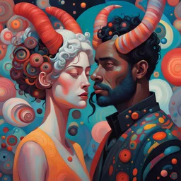 man and a woman by Victor Mosquera ; Free will is a black herring; Klimt; Hundertwasser; controversial; stupendous; transcendent, a a man and a woman with horns, jen bartel, beeple and jeremiah ketner, rhads and lois van baarle, by loish, beeple and james jean, phil noto and james jean, loish and ross tran, by Lois van Baarle, james jean and wlop, by Victor Mosquera; ;