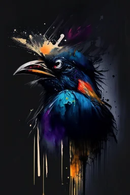 abstract painting, watercolor, full color, black background, 8k resolution, splashed, varied brushstrokes, bird head look the cam