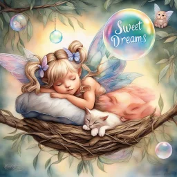 Whimsical airbrushed watercolor painting of a fairy’s nest on an olive tree branch. In the nest, an adorable 3-year-old fairy toddler with blond hair in pigtails held by glossy pastel-toned ribbons and iridescent wings is sleeping closely with her soft Siamese kitten. A transparent dream bubble with "sweet dreams" floats above her. The background features a magical forest, full of sweetness.