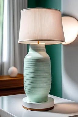 White ceramic vase lamprod with a big mint linen lampshade