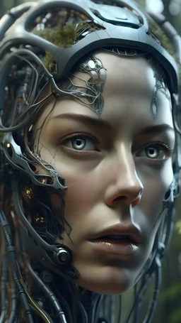 beautiful cyborg face in full view, journey into the healing power of nature, photorealism, perfect composition, cinematic frame, complex details, hyper-detailed