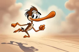 mostly empty space, small character of road runner running towards the right side, leaving behind a cloud of dust. style of looney toons cartoon