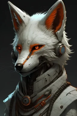 female anthropomorphic fox with scarred face, cyberpunk, white fur