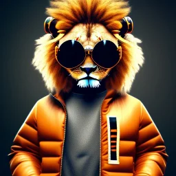 Lion toddler, smile, steampunk headphone, sunglass, gangsta neckless, full body, orange puffer jacket, tokio background, dramatic lighting, hyper realistic, unreal engine 5, 16k