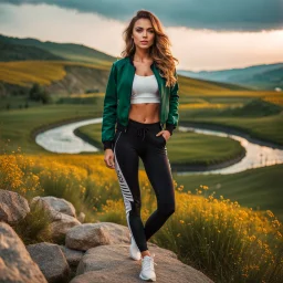 portrate close up shot of young-beautiful-girl-with-a-perfect-face-with-make-up-wearing- sport pants and jacket standing ,geen hills ,nice nature environment ,wild flowers,clean water river with colorfull rocks in floor