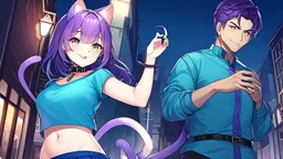 Girl,man ,purple hair, cat ears, cat tail, blue skirt, open navel, short green shirt, night in town ,with tongue out, collar on neck