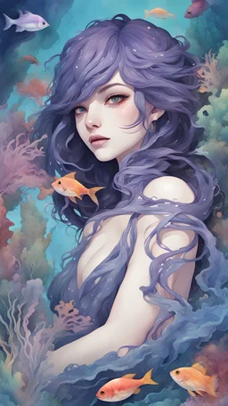 under sea , plants, watercolor, beautiful face, beautiful eyes, purple eyes, black hair, clean design, art station, splash of colorful paint, cute fishes, contour, hyperdetailed intricately detailed, unreal engine, fantastical, intricate detail, splash screen, complementary colors, fantasy concept art, 8k resolution, pale skin, twilight, extreme quality, extremely detailed, ultra-detailed face, ultra hd 8k,
