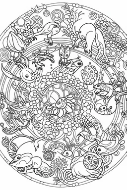 Stress Relief coloring page for kids, A cute, mesmerizing mandala of interconnected animal silhouettes, cartoon style, thick outline, low details, no shading, no color