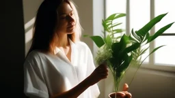 Woman holding a plant in the sunshine, interior, white shirt, instagram.