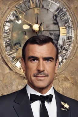 Hickory Dickory dock, He had a most impressive clock, extremely young, 20-year-old Sean Connery, with short, black hair, wearing a black Tuxedo, as James Bond, Bright, Colorful, vibrant, clear, 1080p, 32k UHD