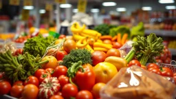 An image with an orange, yellow and bright red color theme filled with the image of supermarket ingredients