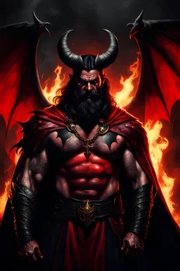 old man, black beard, no faced, shadows on face, muscle, skin red , red body, black goat horns, black bat wings, long black haired, devil appearance, satan, pethagram, diabolic scars, black old armor, golden necklace cross, cape, throne, hell fire, darkness background.