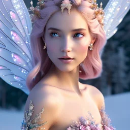 enlighten, light pink pink colors, beautiful portrait of happy blonde bright fairy with wings, crystals, blue silk dress, winter landskape,blue sky, flowers . depth of field, 8 K, fantasy